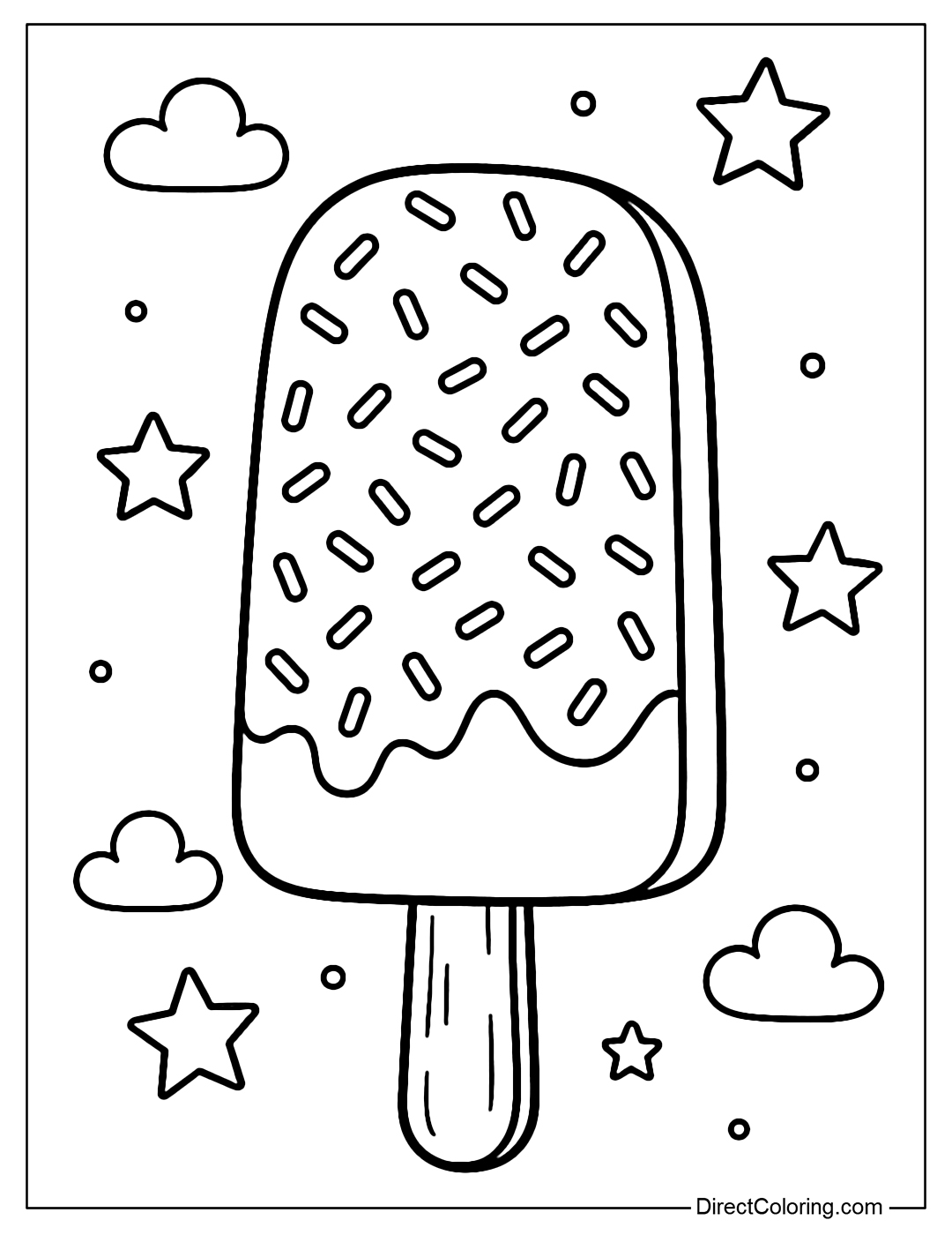 A popsicle coloring page with sprinkles and small stars around it.